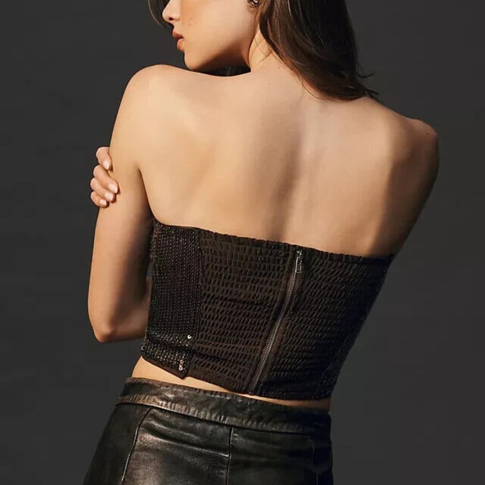 Anthropologie Strapless BLACK SEQUIN TOP XL Dark Dream Sparkle & shine party NWT